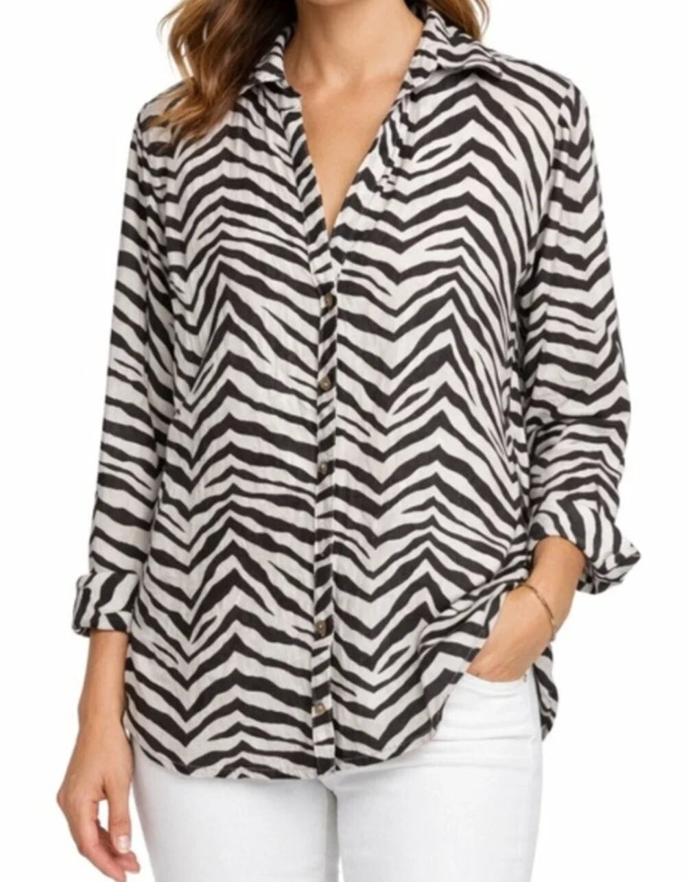Elie TAHARI 100% Linen Long Sleeve Button Front Shirt Top Zebra Stripe Brown M